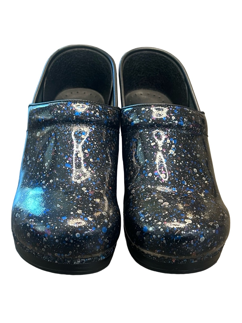 Dansko Professional Paint Splatter Patent Clogs 11 Black Blue Nurse Work NWOB 42